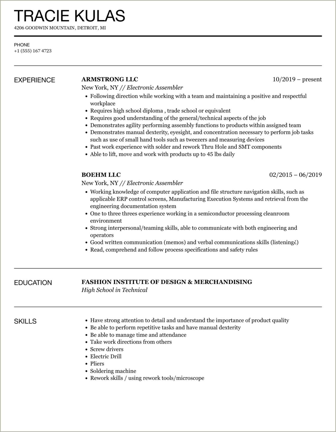 Hand Dip Soldering Assembler Resume Sample