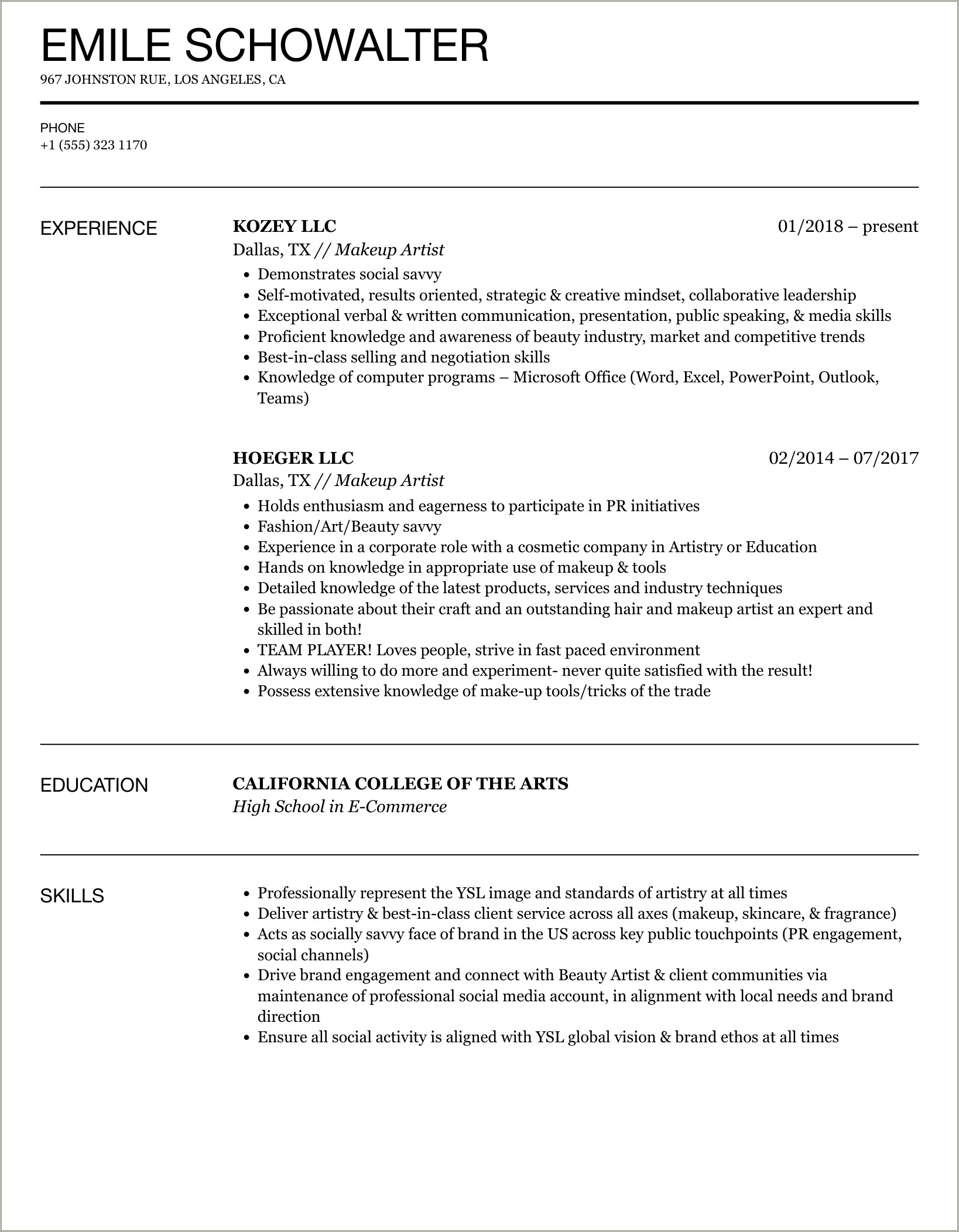 Hard Skills List For Resume For Makeup Artist