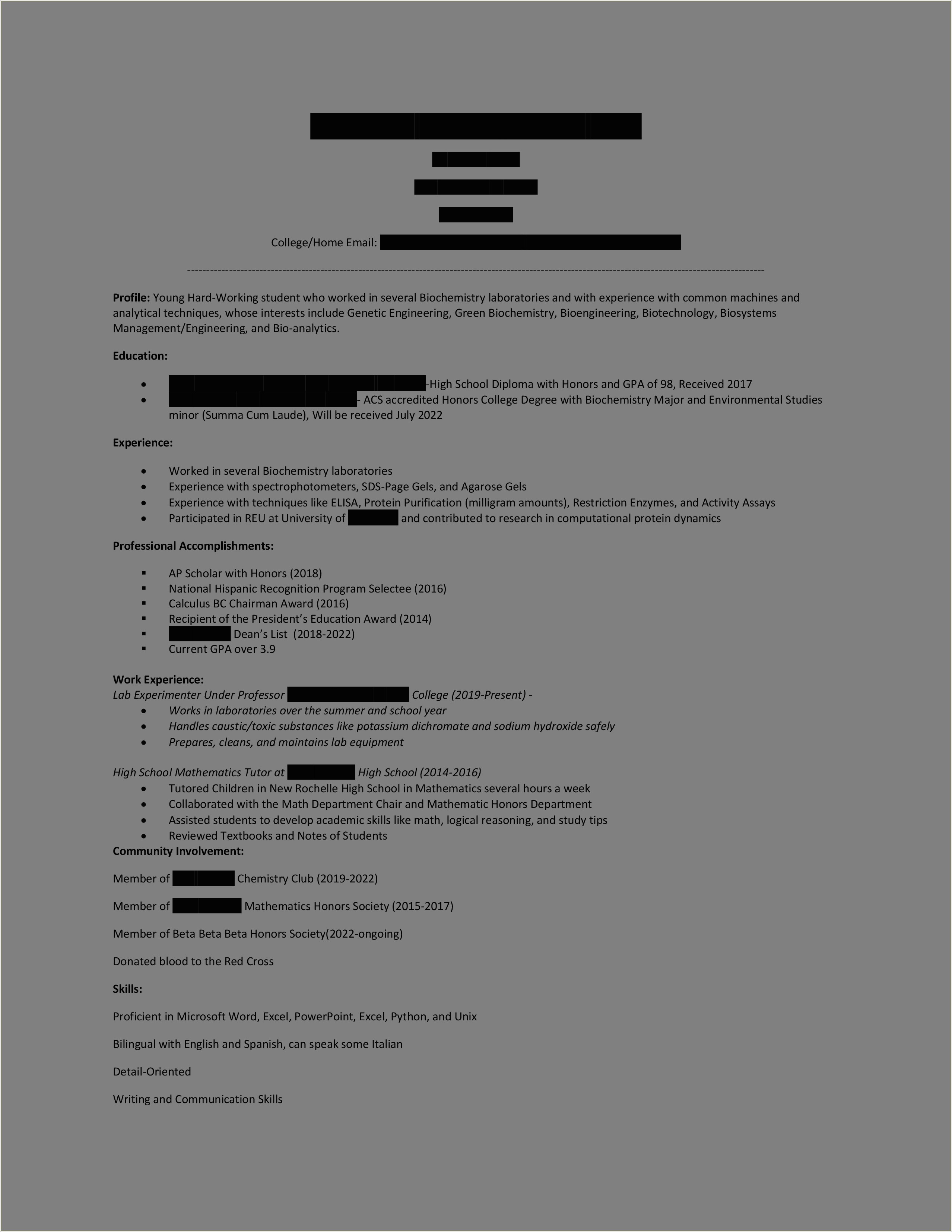 Has Kids In High School Resume In Usa