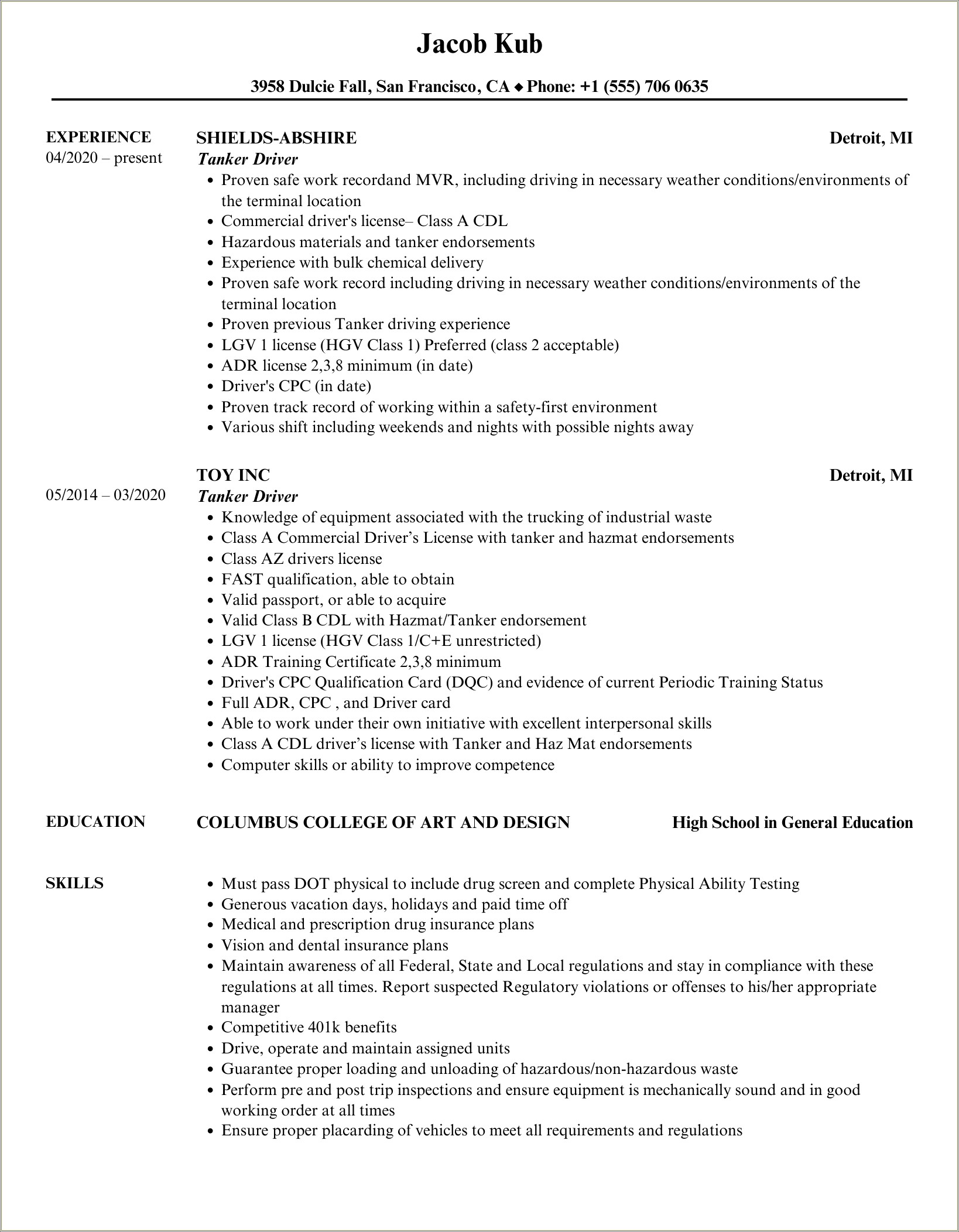 Haz Mat Tanker Driver Job Description Resume