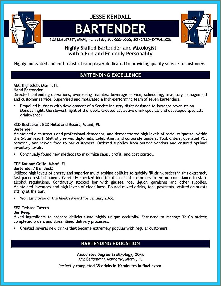 Head Bartender Job Description For Resume