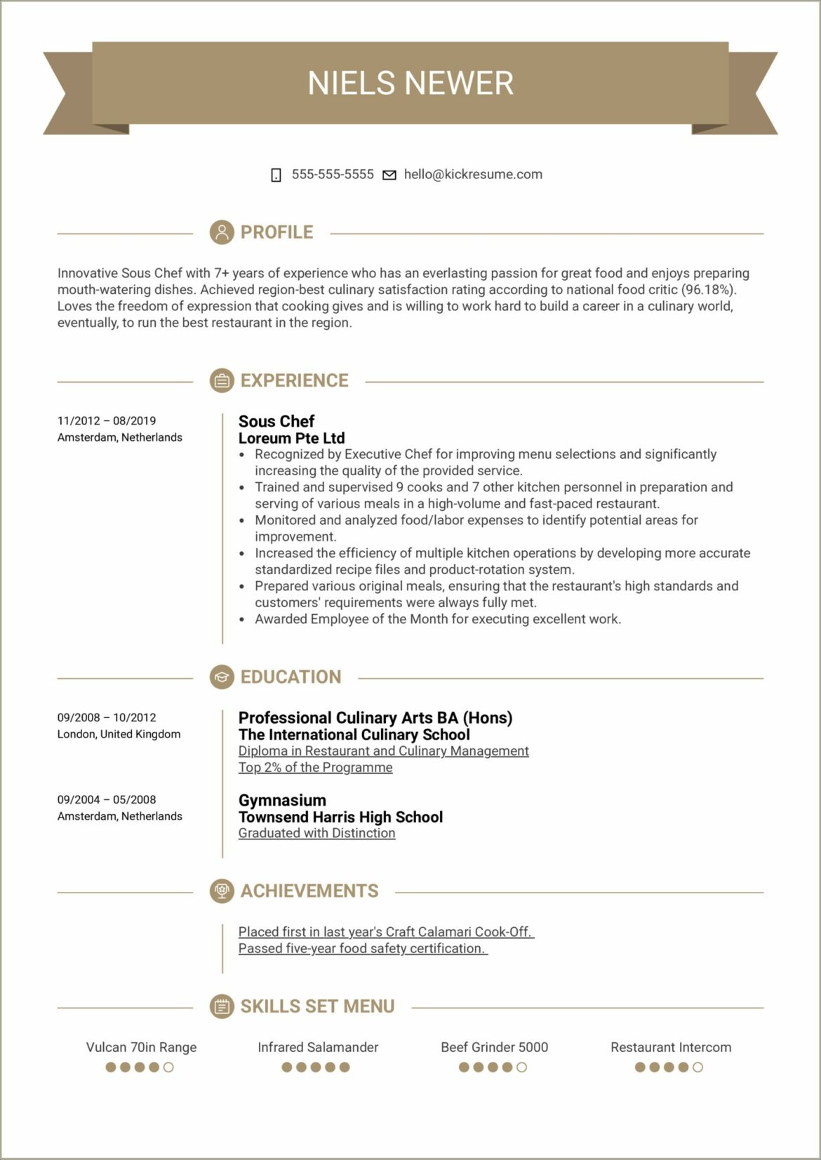 Head Chef Kitchen Manager Resume Examples