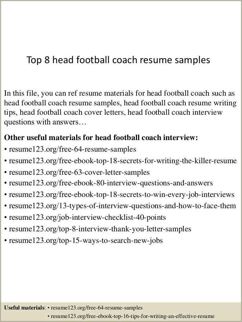 Head High School Football Coach Resume
