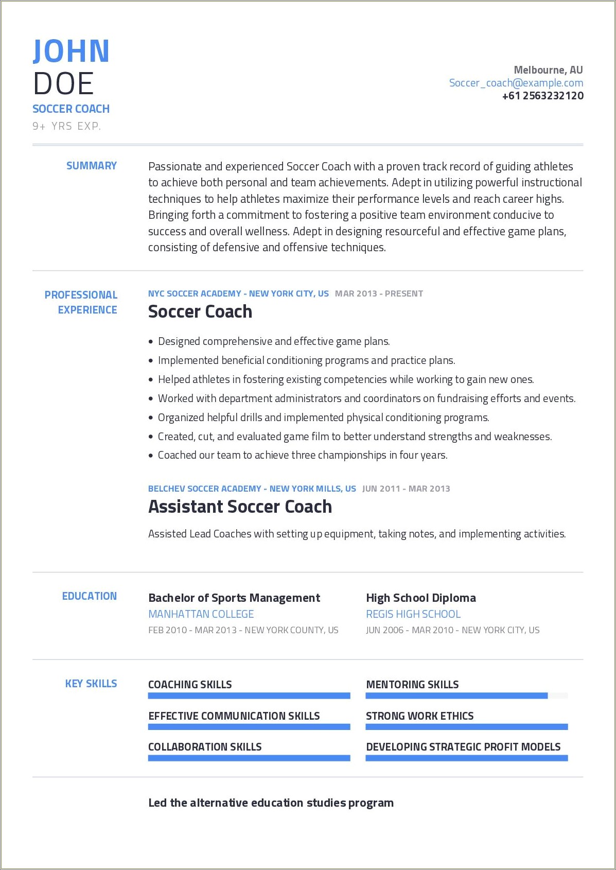Head High School Soocer Coach Resume