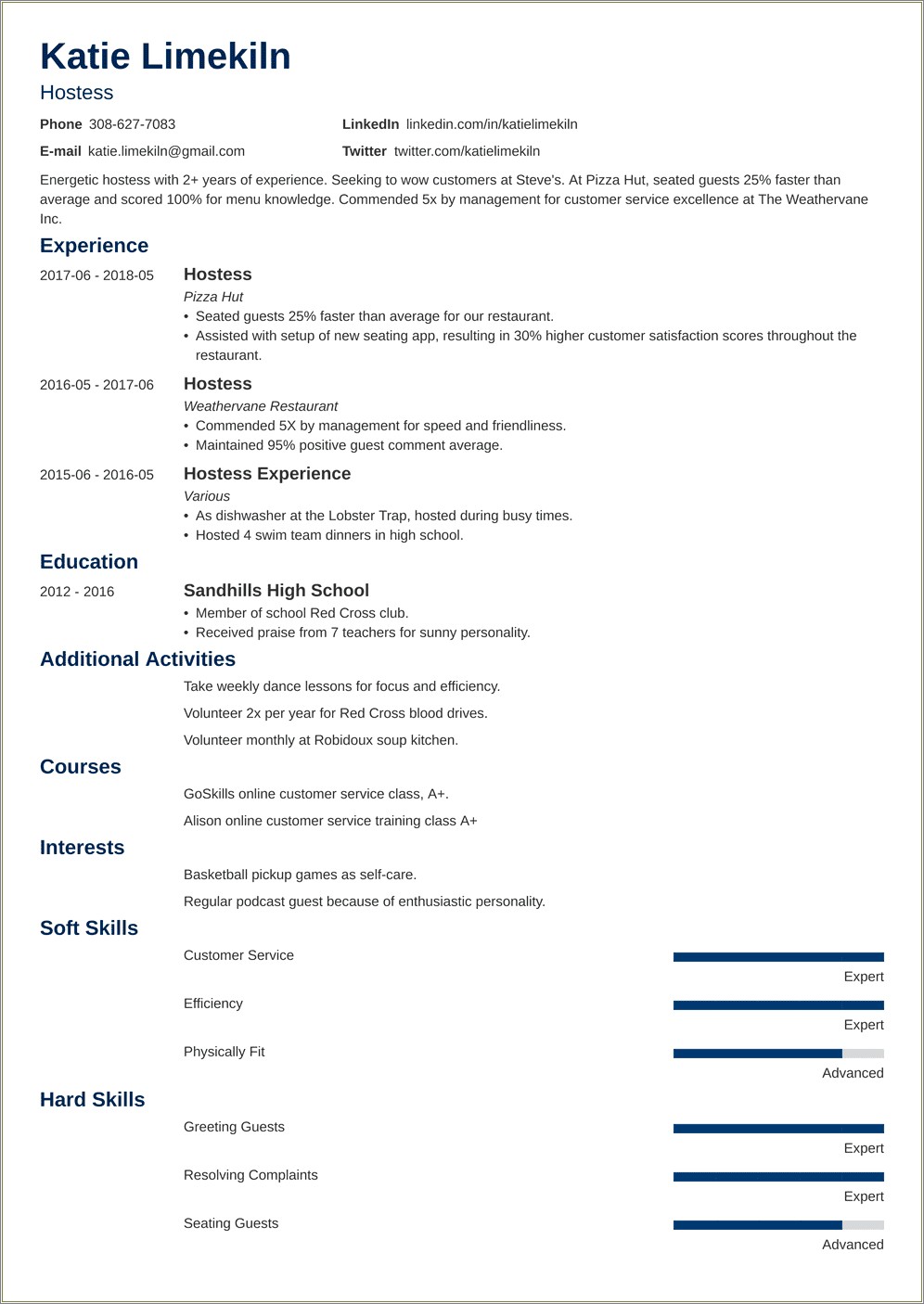 Head Hostess Job Duties For Resume