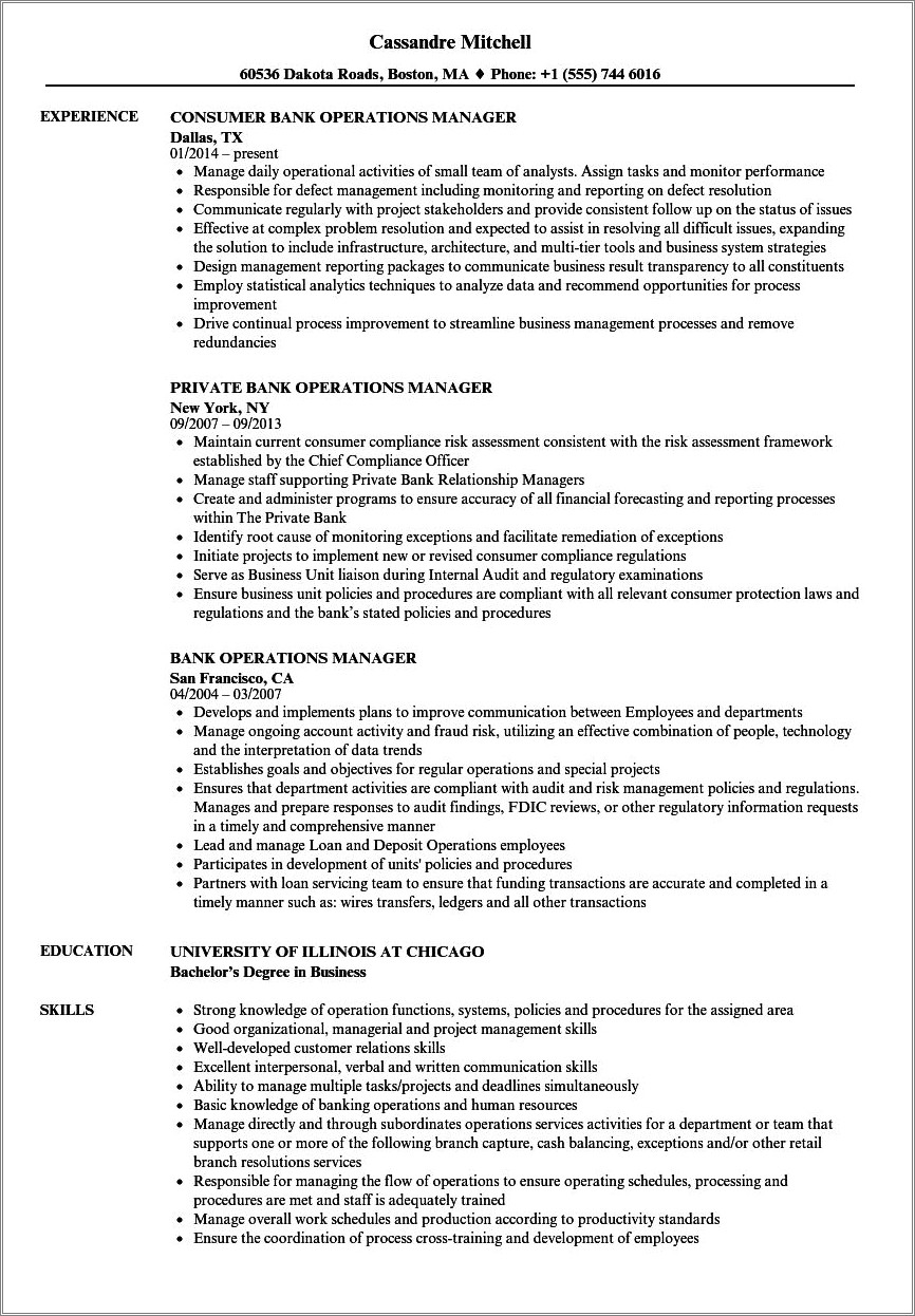 Head Of Bank Operation Job Resume In Nigeria