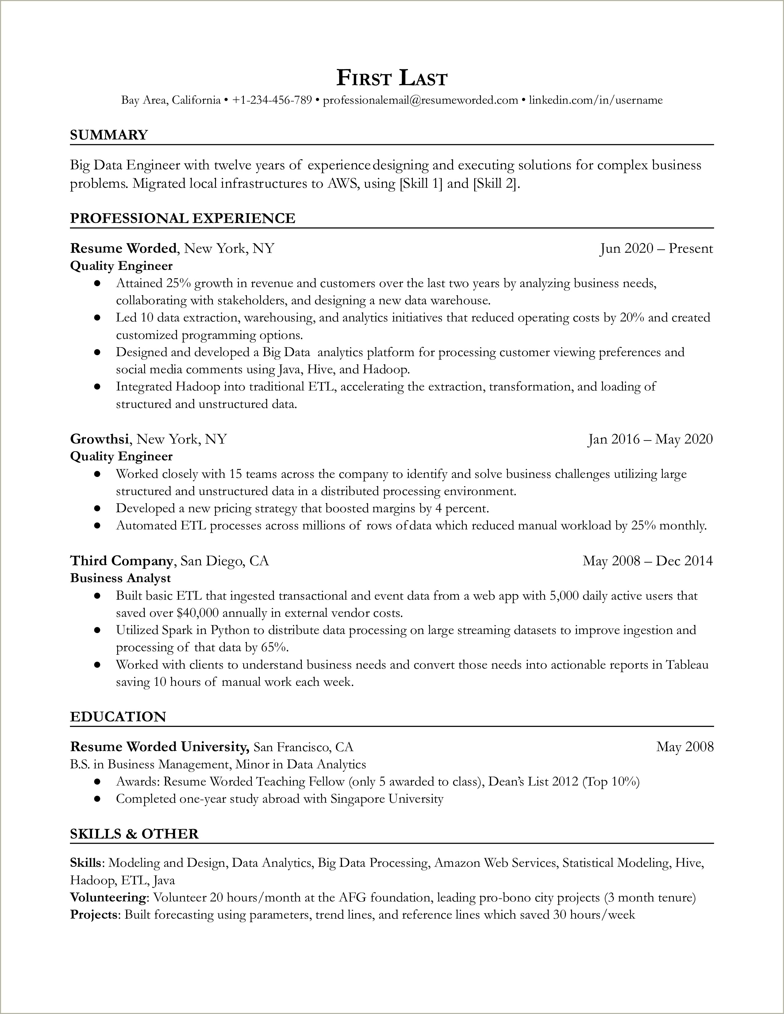 Head Of Big Data Sample Resume