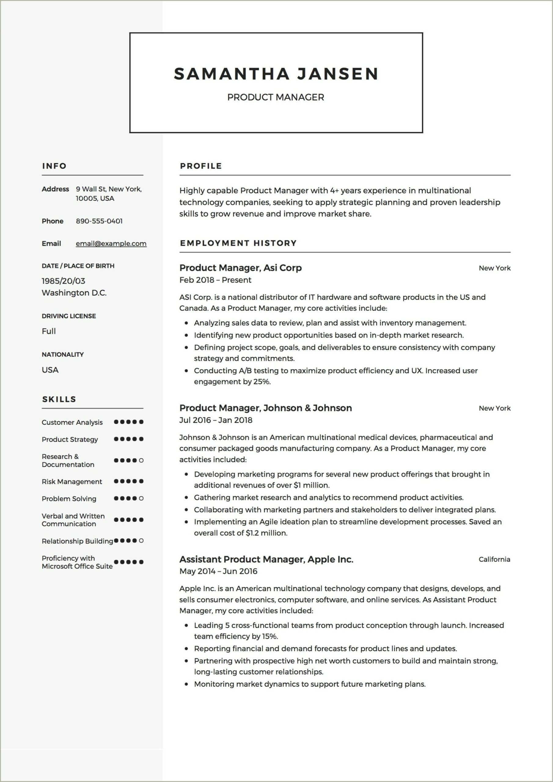 Head Of Product Resume Summary Statement