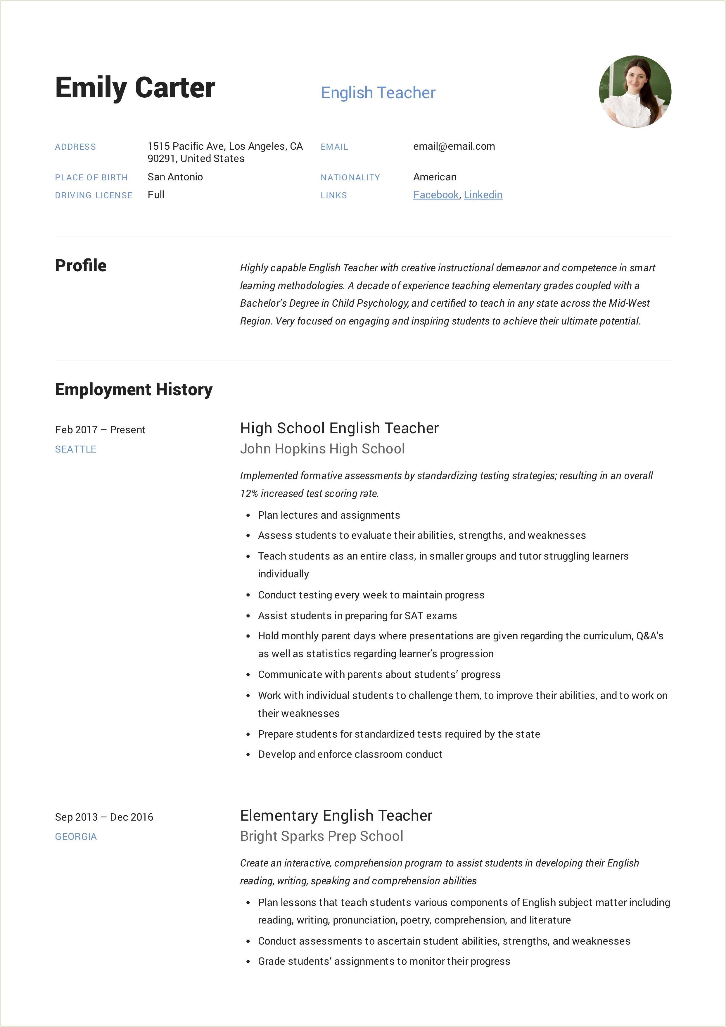 Head Start Teacher Job Description For Resume