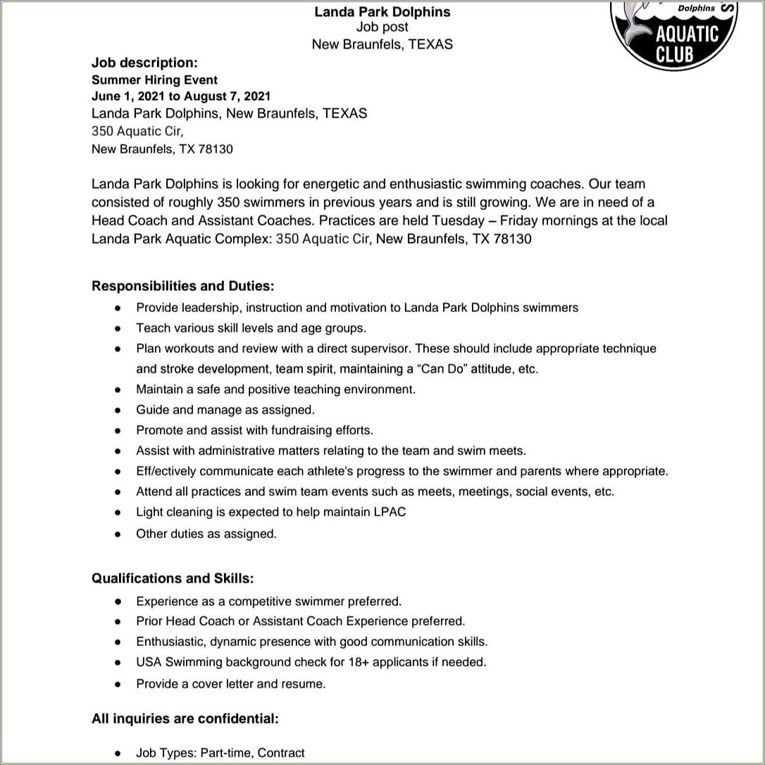 Head Swim Coach Job Description Resume