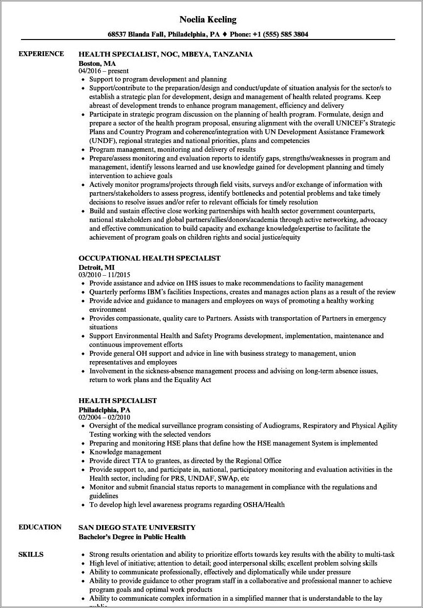 Health And Safety Specialist Resume Sample