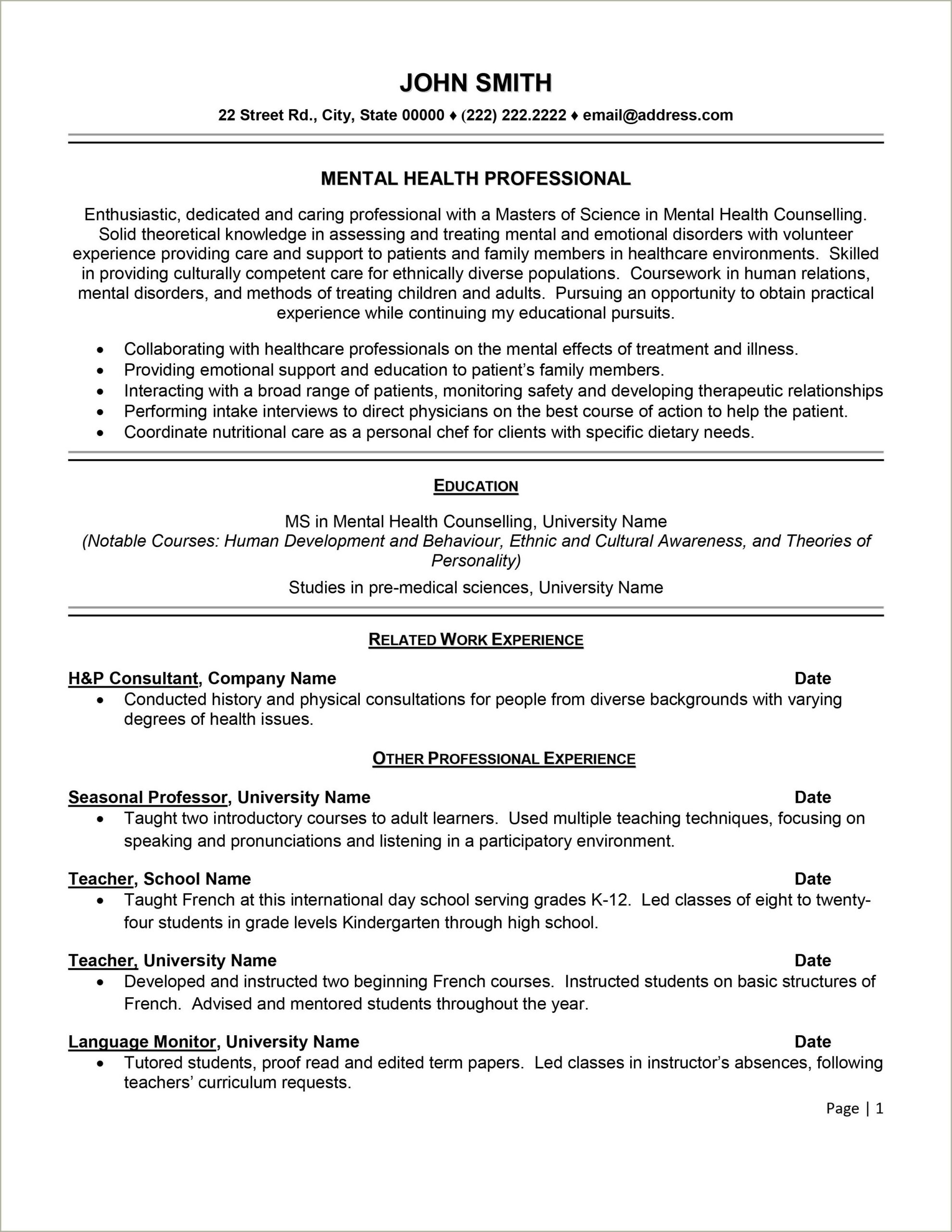 Health Coach And Personal Chef Sample Resume