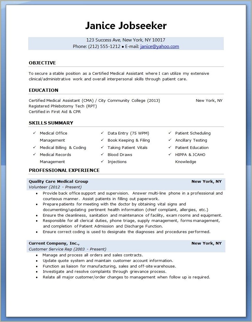 Health Information Management Entry Level Resume
