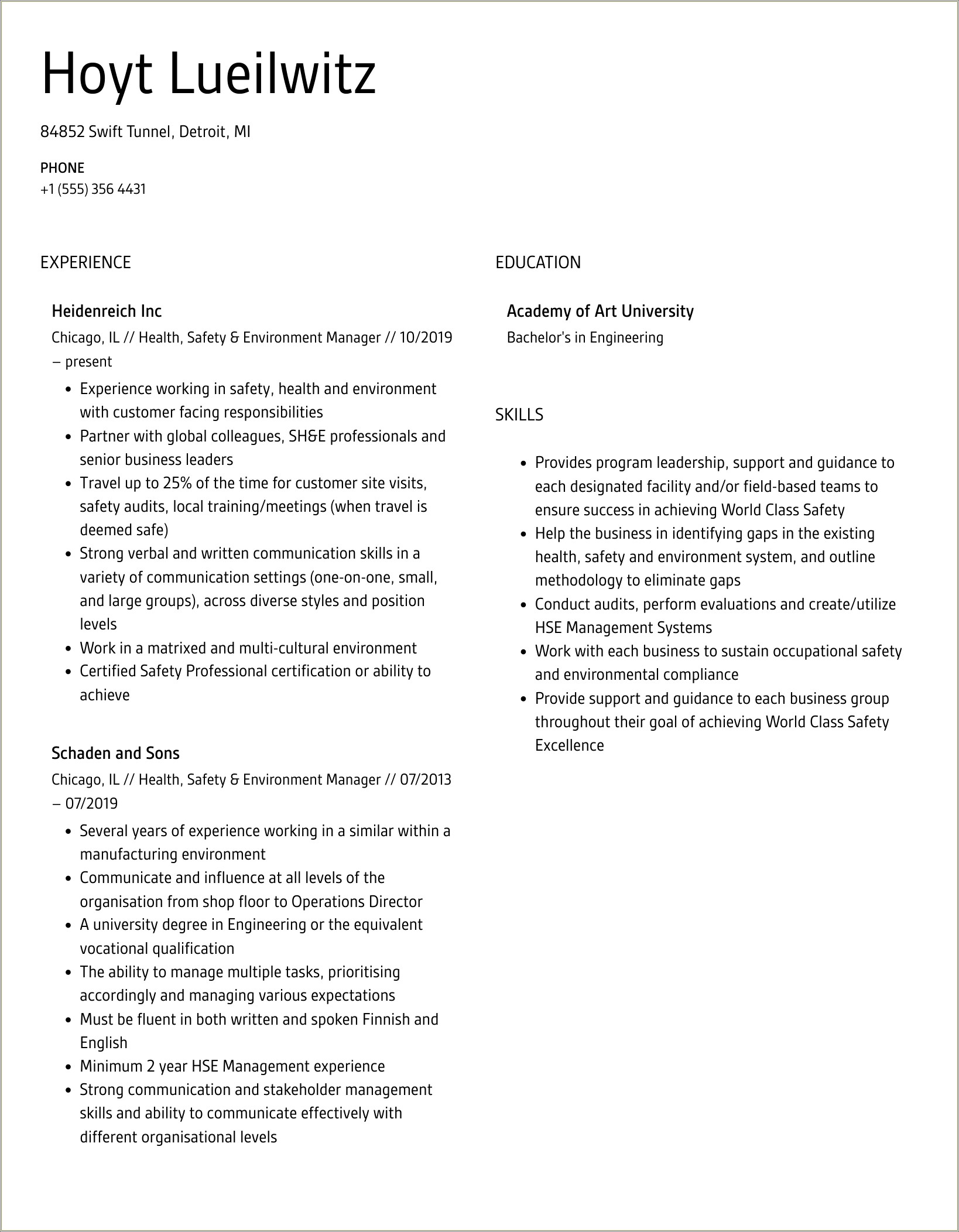 Health Safety And Environment Manager Resume