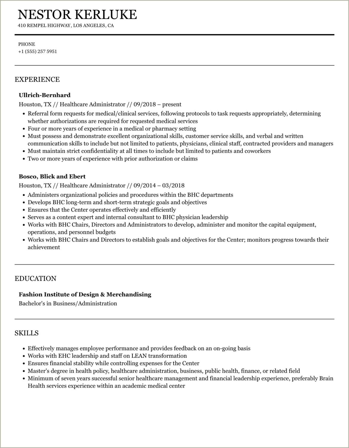 Healthcare Administration Sample Resume Out Of College