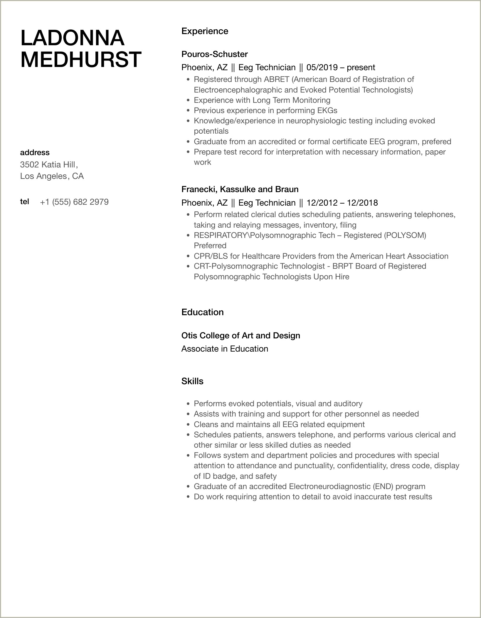 Healthcare Eeg Technician Skills On Resume