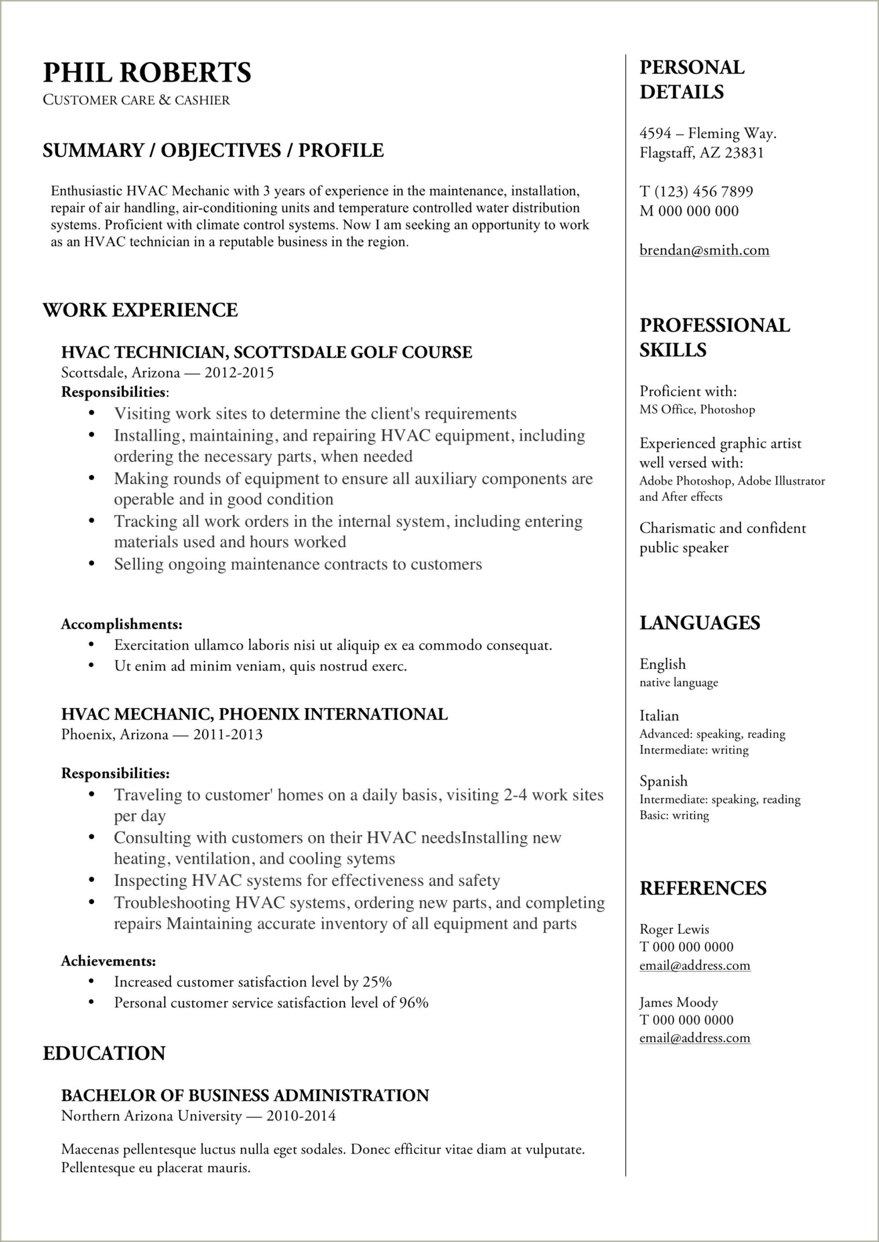 Heating And Cooling Tech School Resume