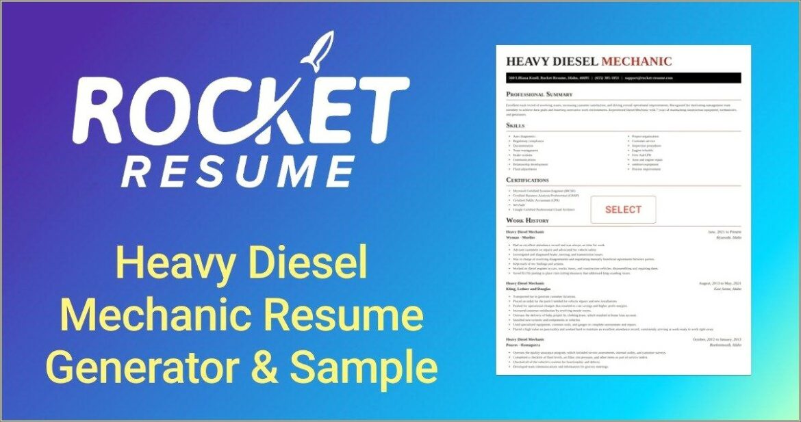 Heavy Duty Diesel Truck Mechanic Resume Sample