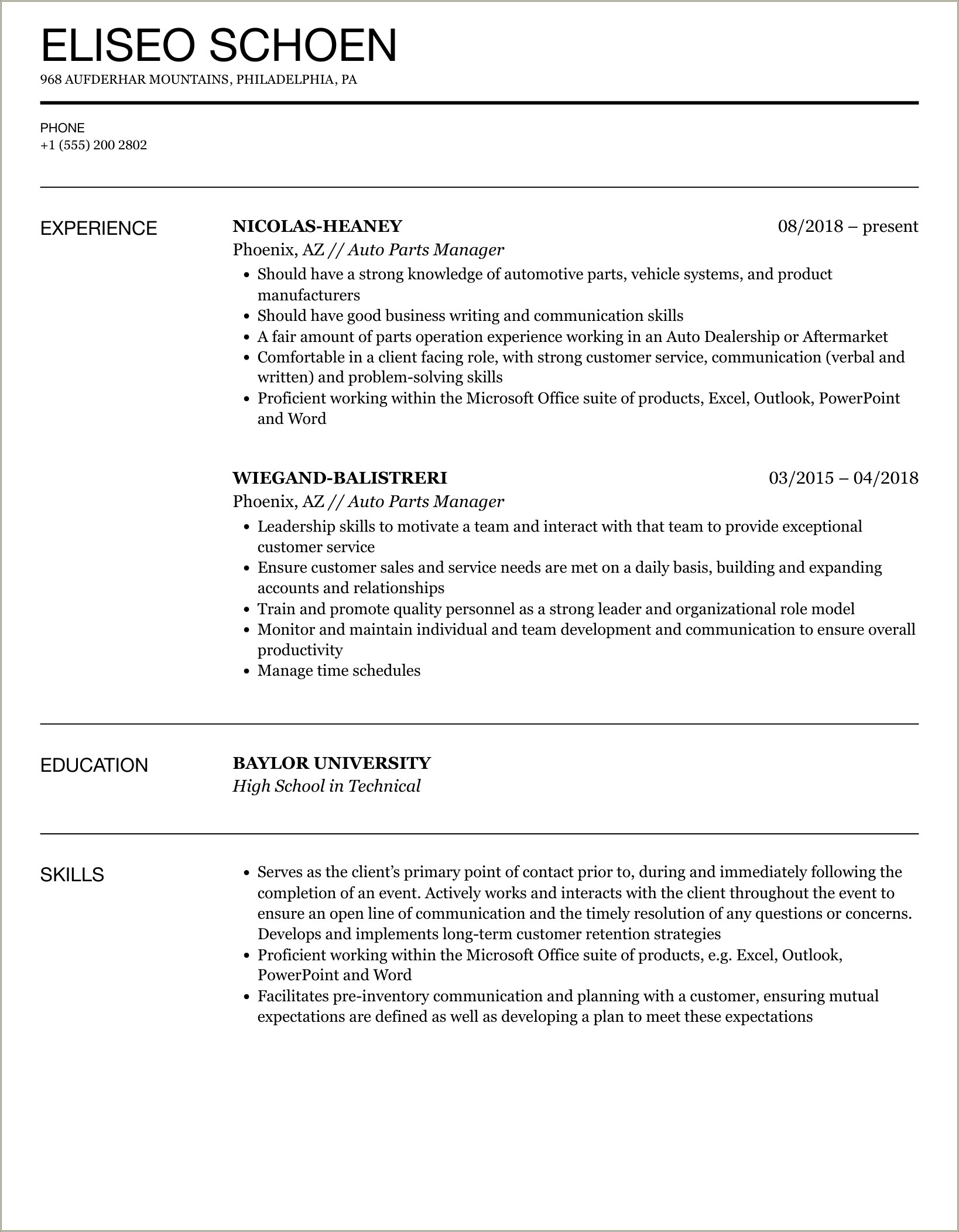 Heavy Duty Truck Parts Manager Resume