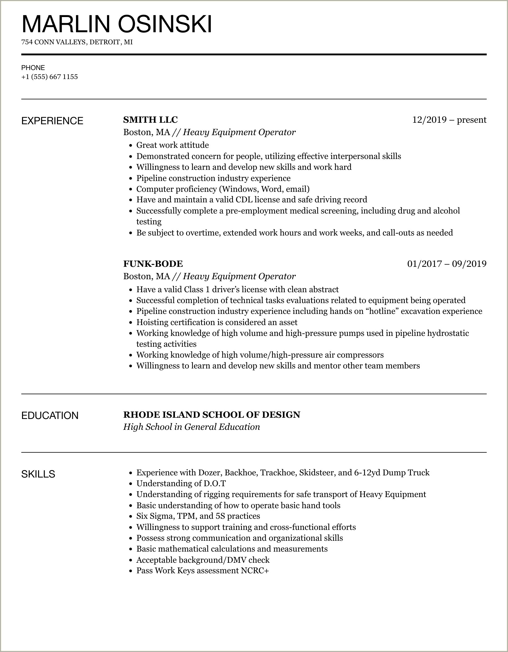 Heavy Equipment Operator Demolition Sample Resume