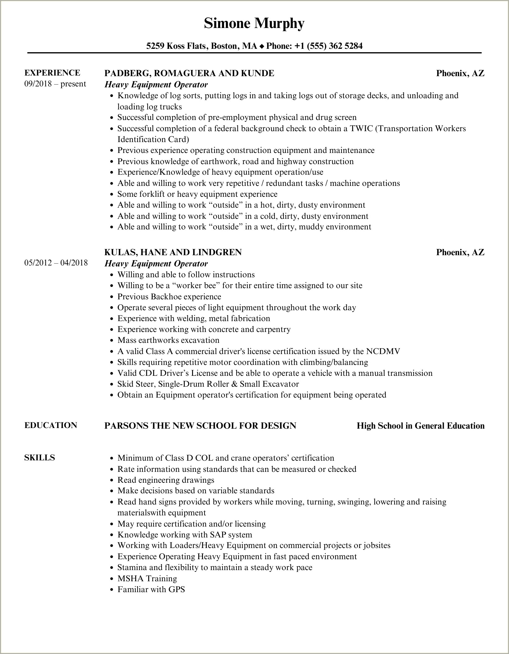 Heavy Equipment Operator Job Description For Resume