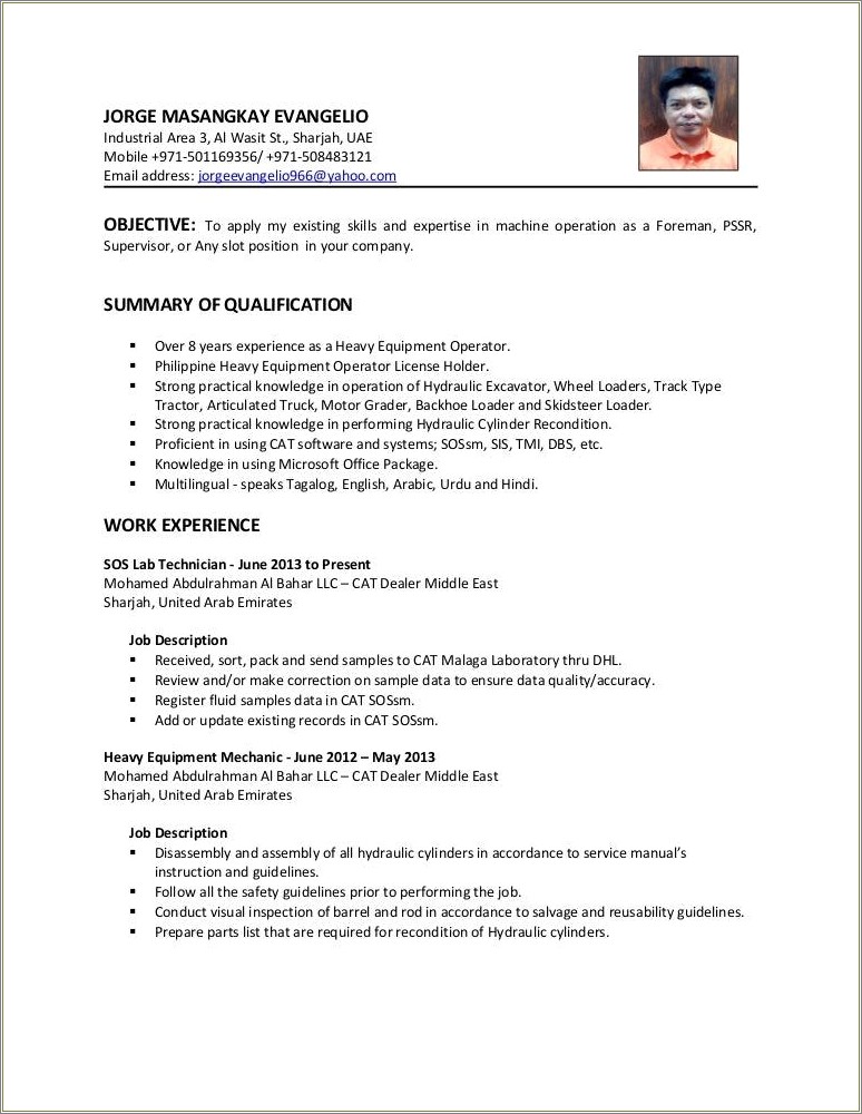 Heavy Equipment Operator Job Description Resume