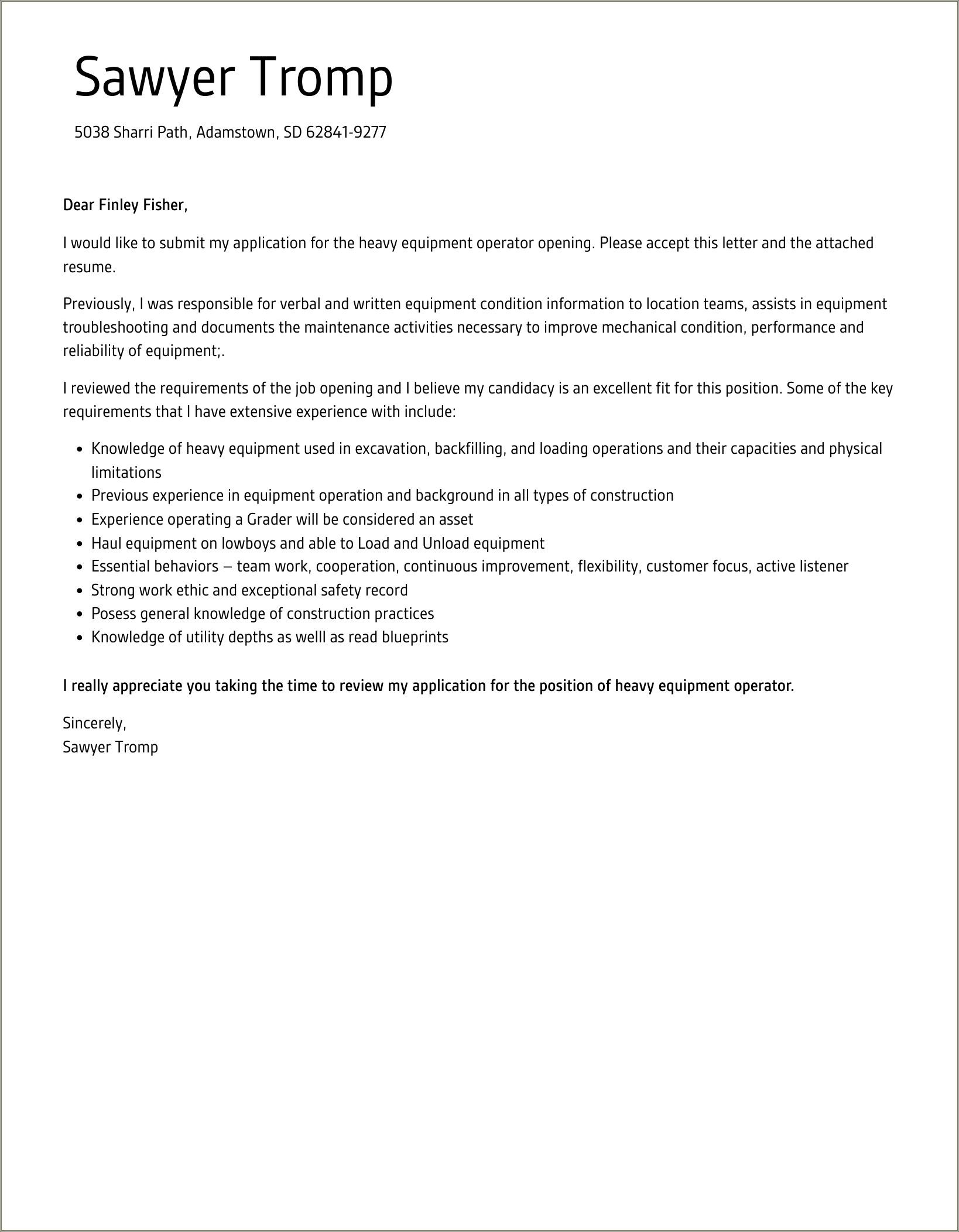 Heavy Equipment Operator Resume Cover Letter Samples