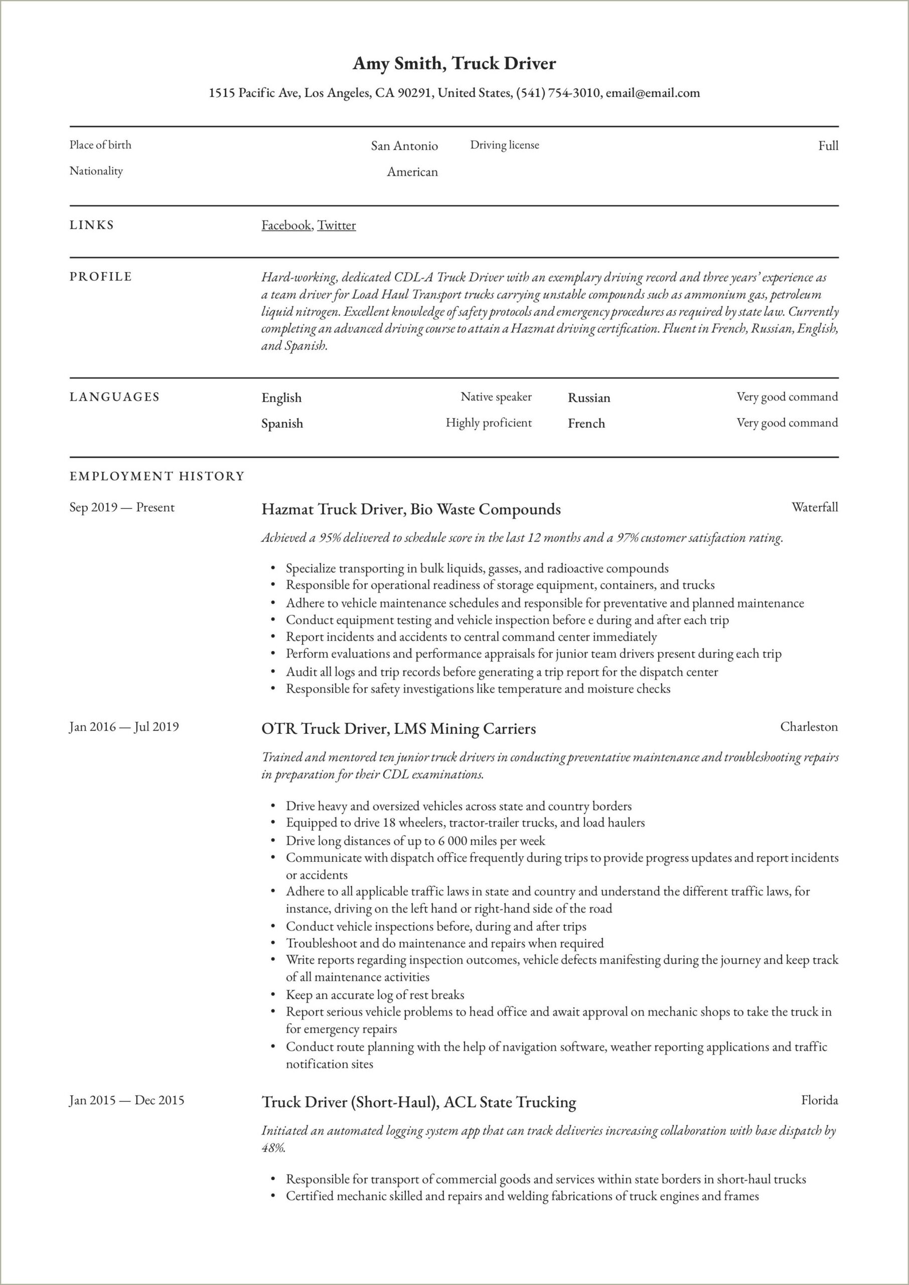 Heavy Truck Driver Objectives For Resume