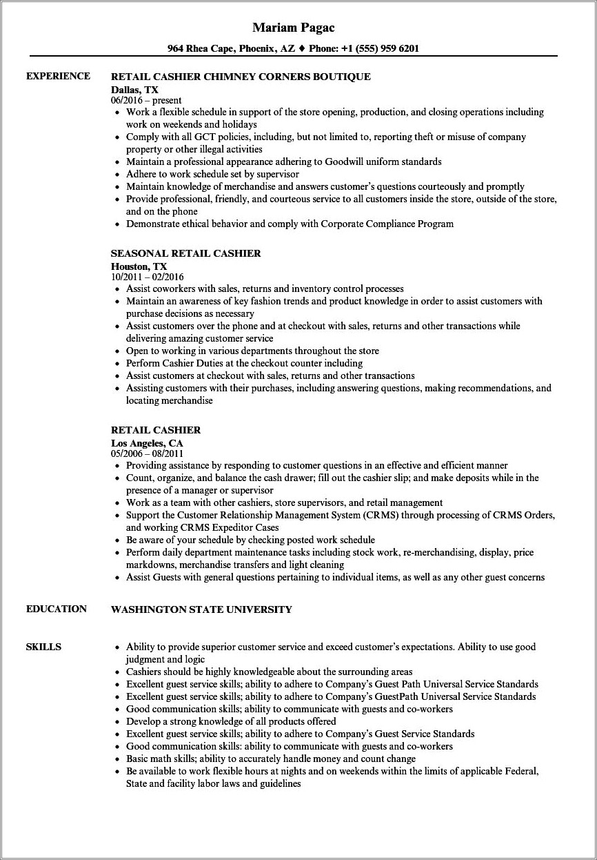 Heb Cashier Job Description For Resume