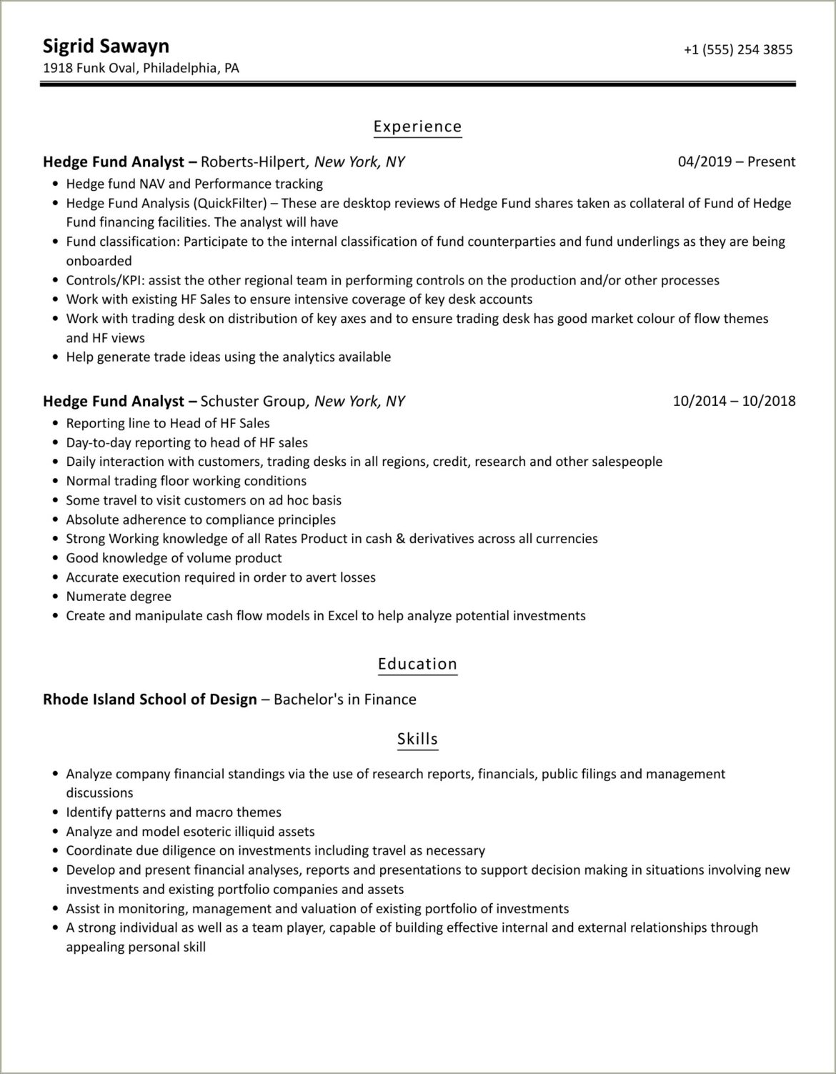 Hedge Fund Research Analyst Sample Resume