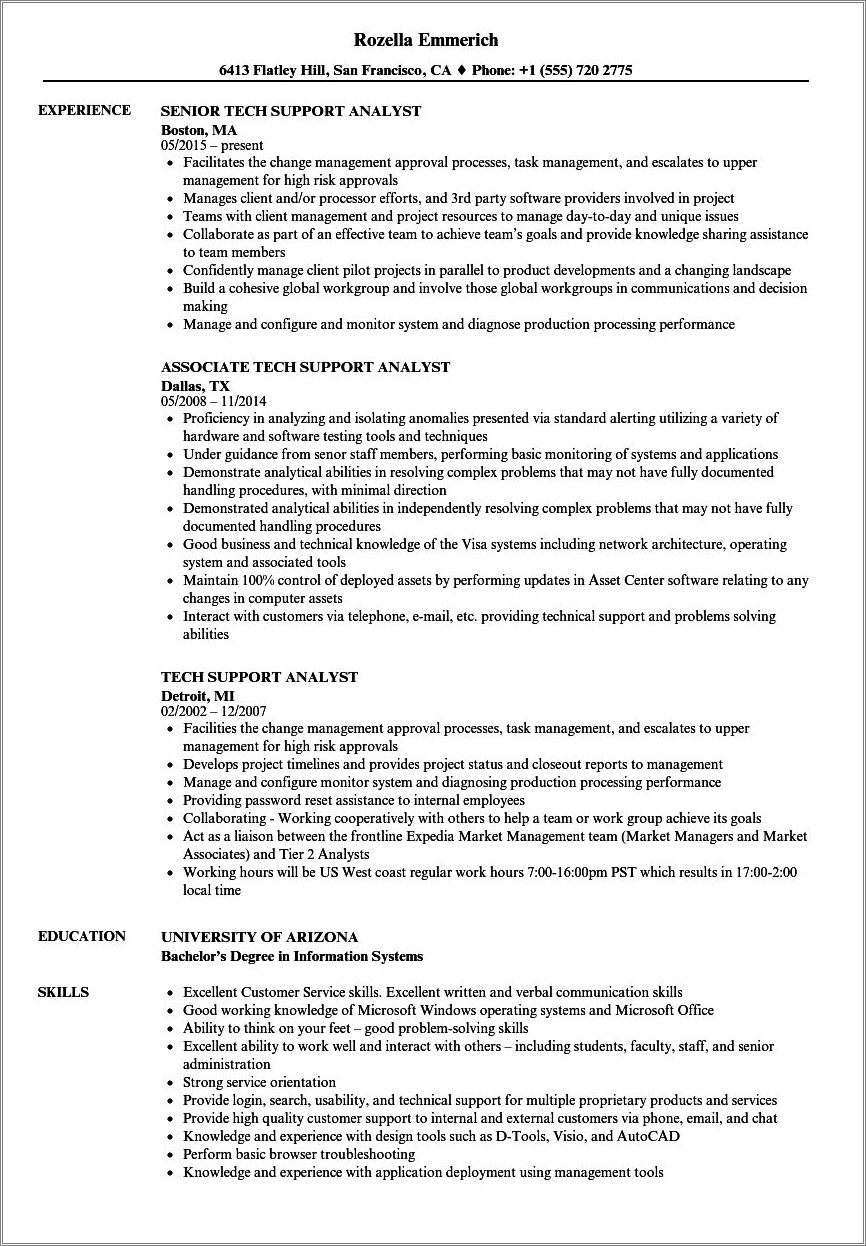 Help Desk Support Analyst Resume Example