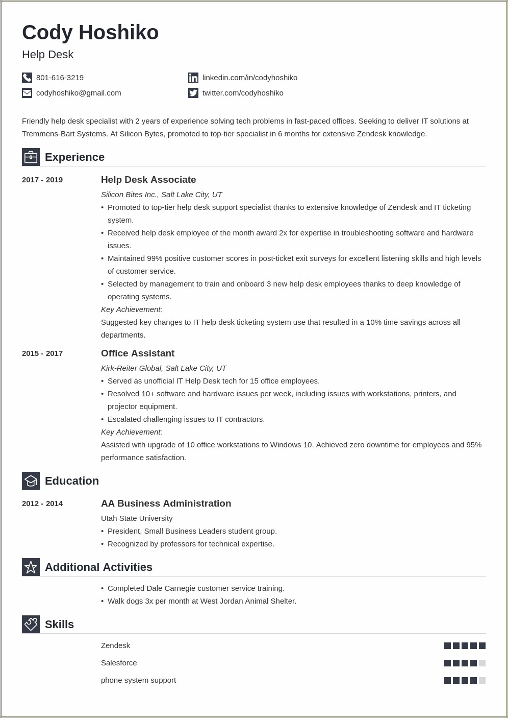 Help Desk Support Resume Experience Example