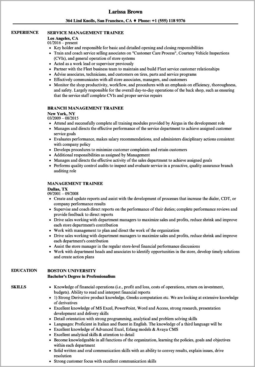 Hertz Branch Manager Trainee Resume Job Description