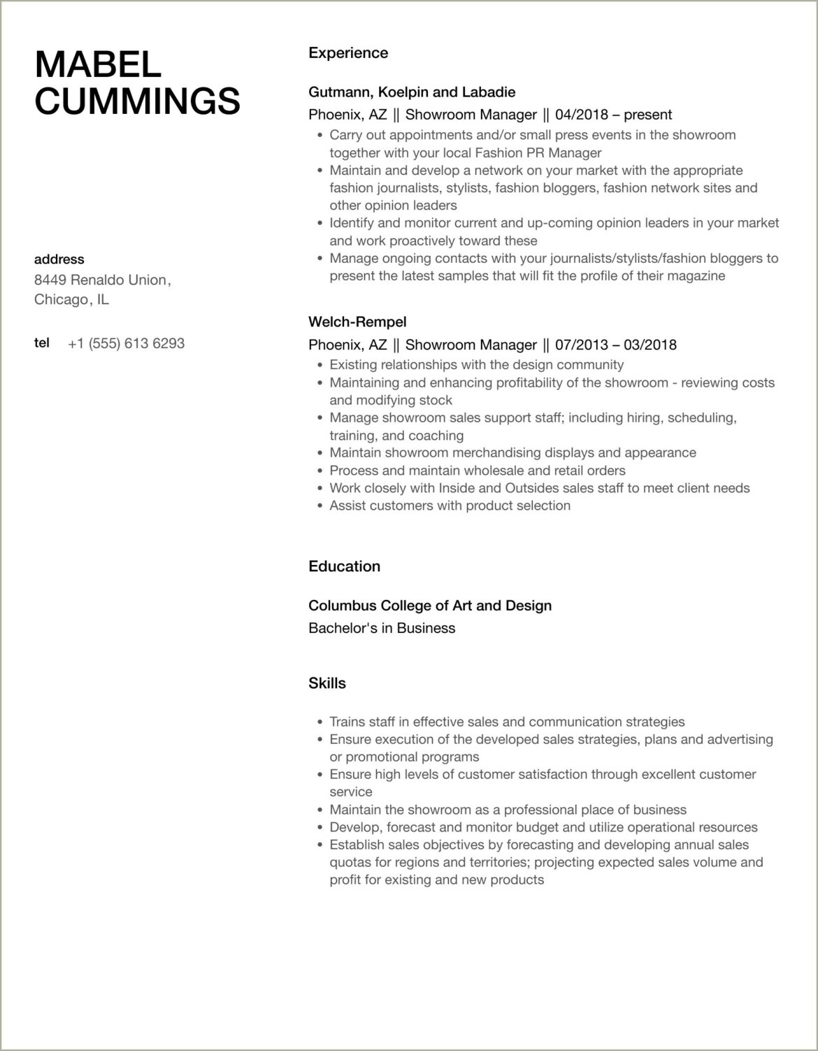 High End Luxury Textile Showroom Manager Job Resume