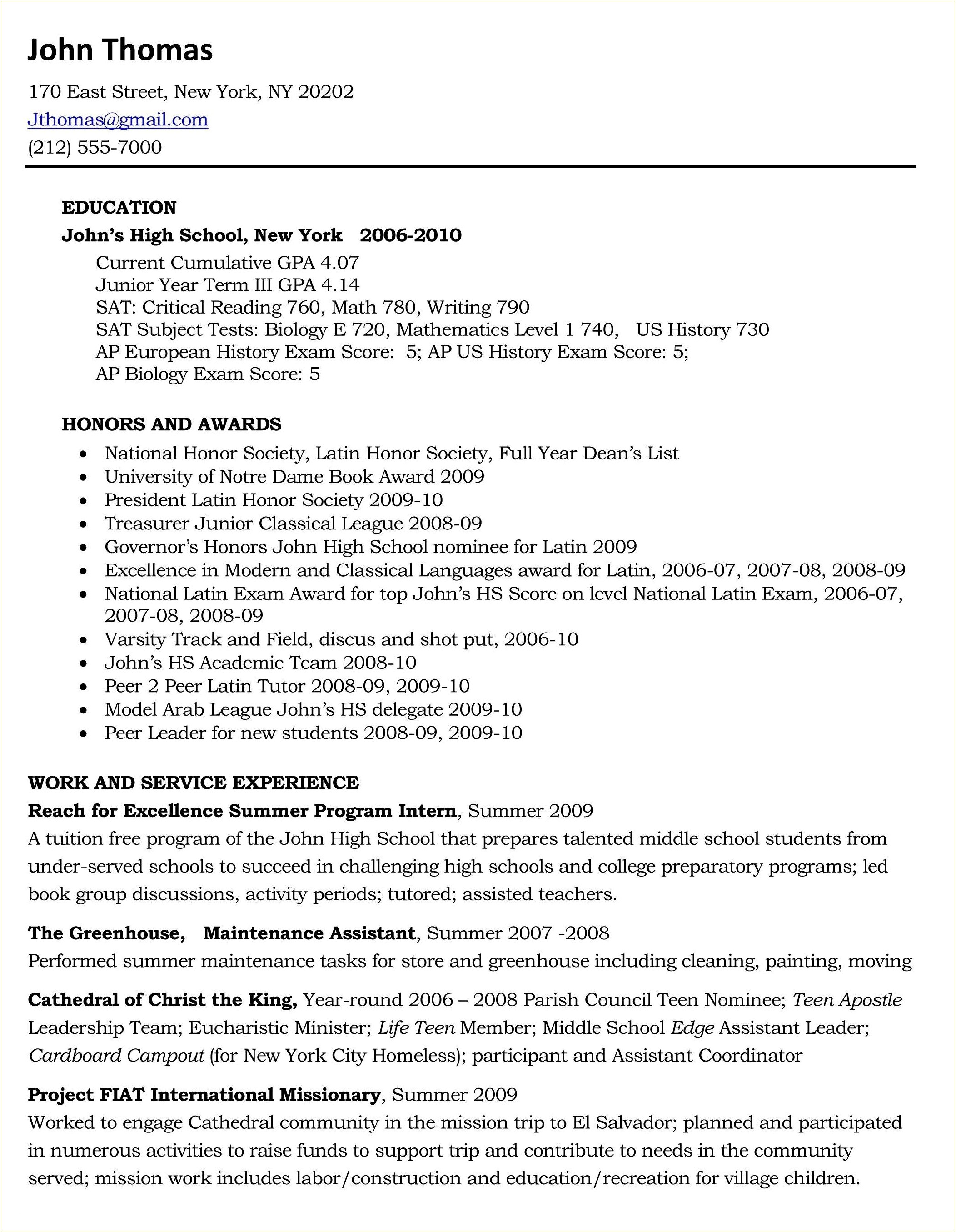 High School Ap Class On Resume