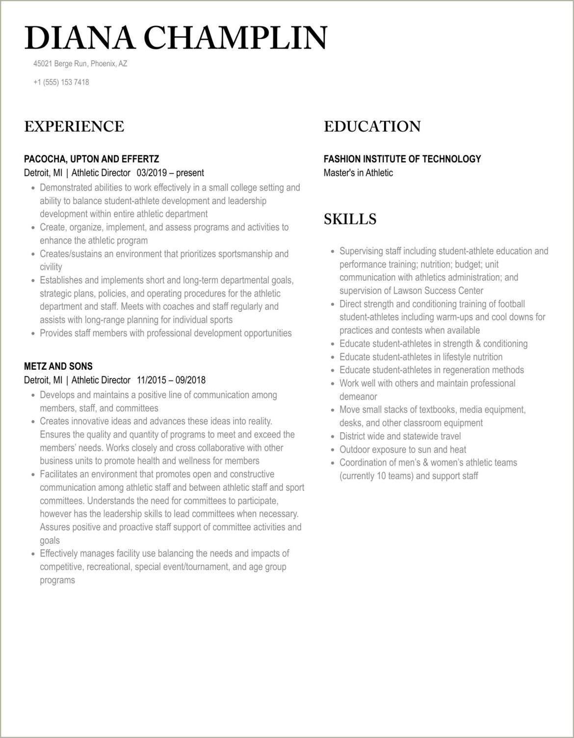 High School Athletic Director Resume Pdf