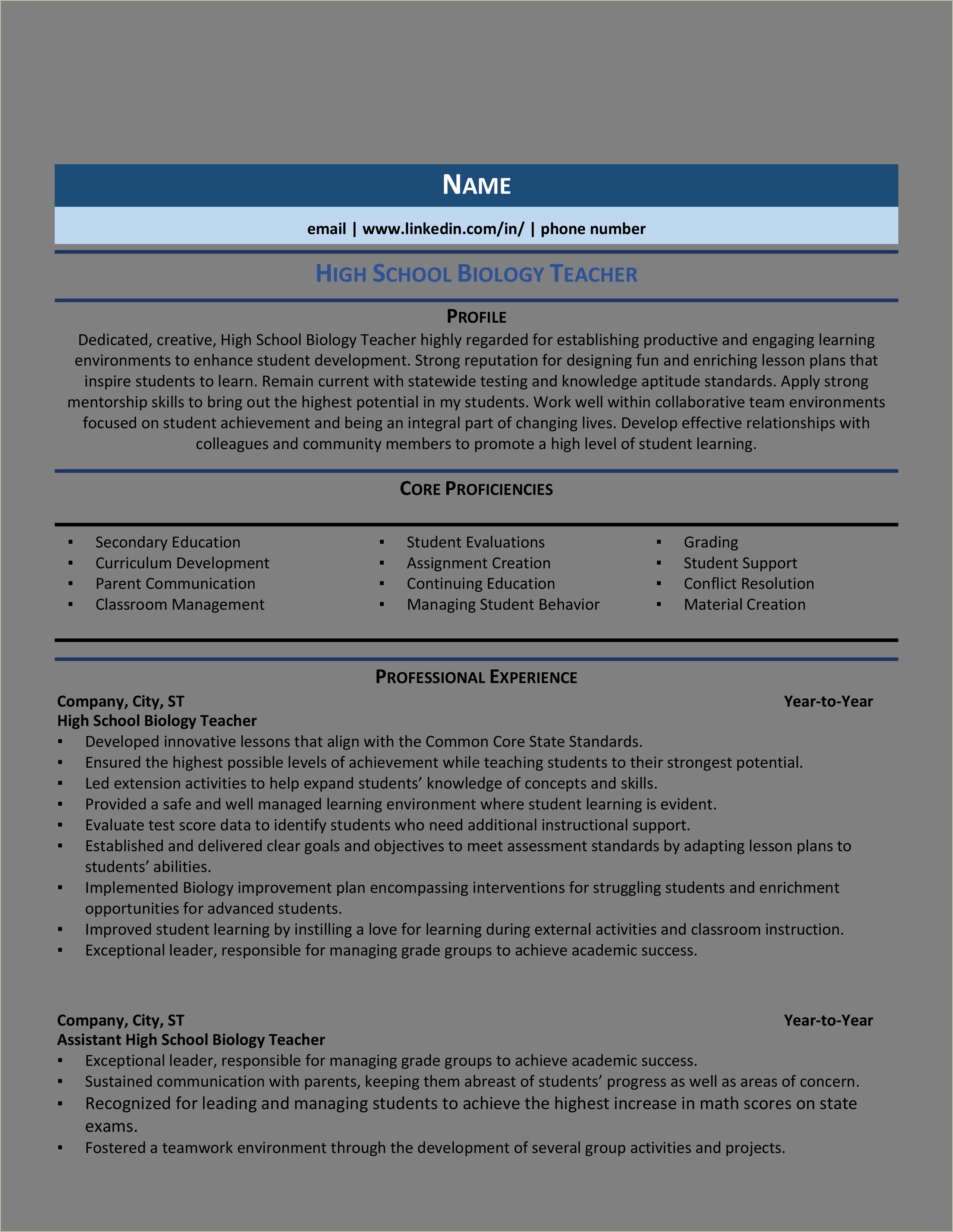 High School Biology Teacher Resume Samples