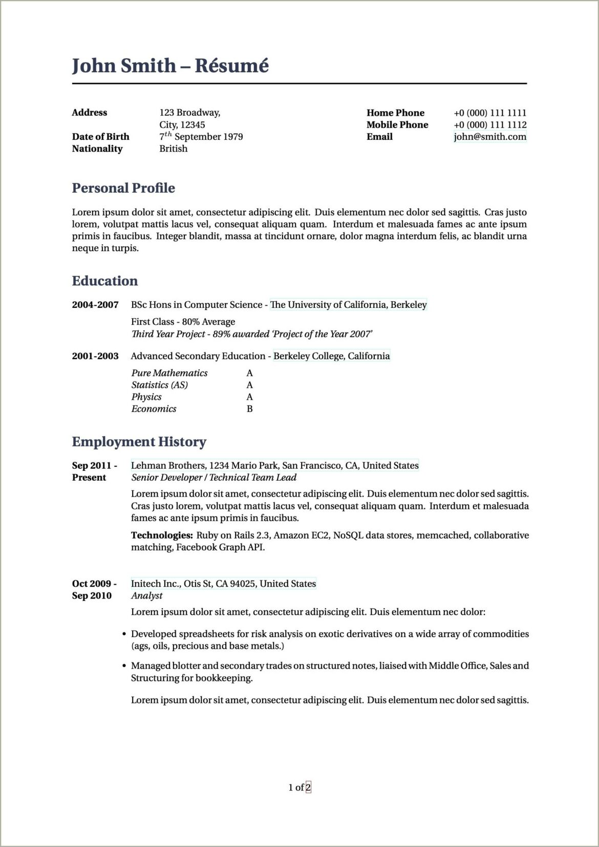 High School First Job Resume Template