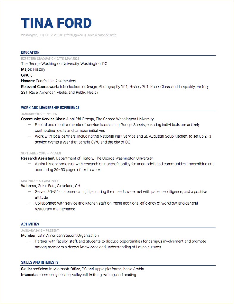 High School Internship On Collehe Resume