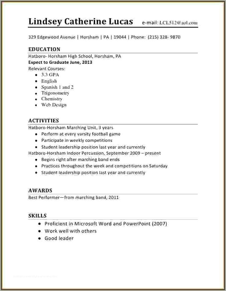 High School Marching Band Section Leader Resume