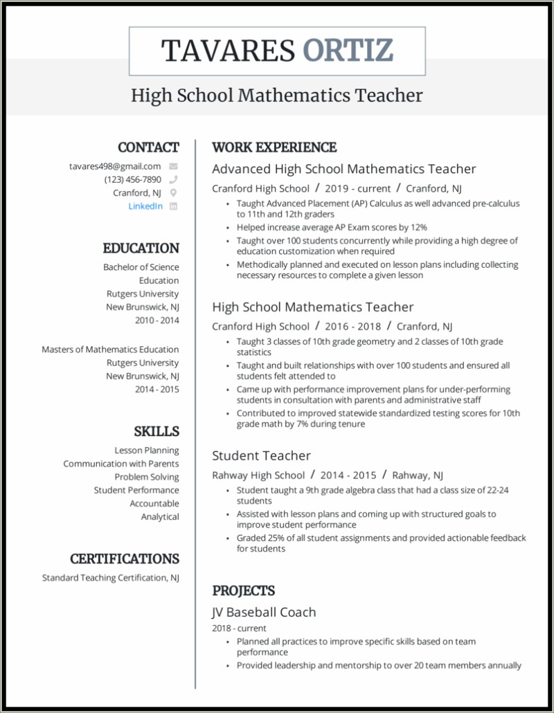 High School Math Teacher Resume Example