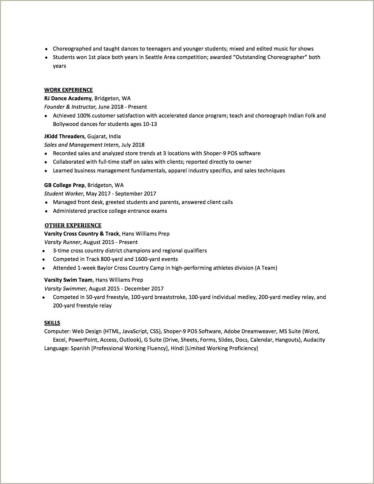 High School Music Resume For College