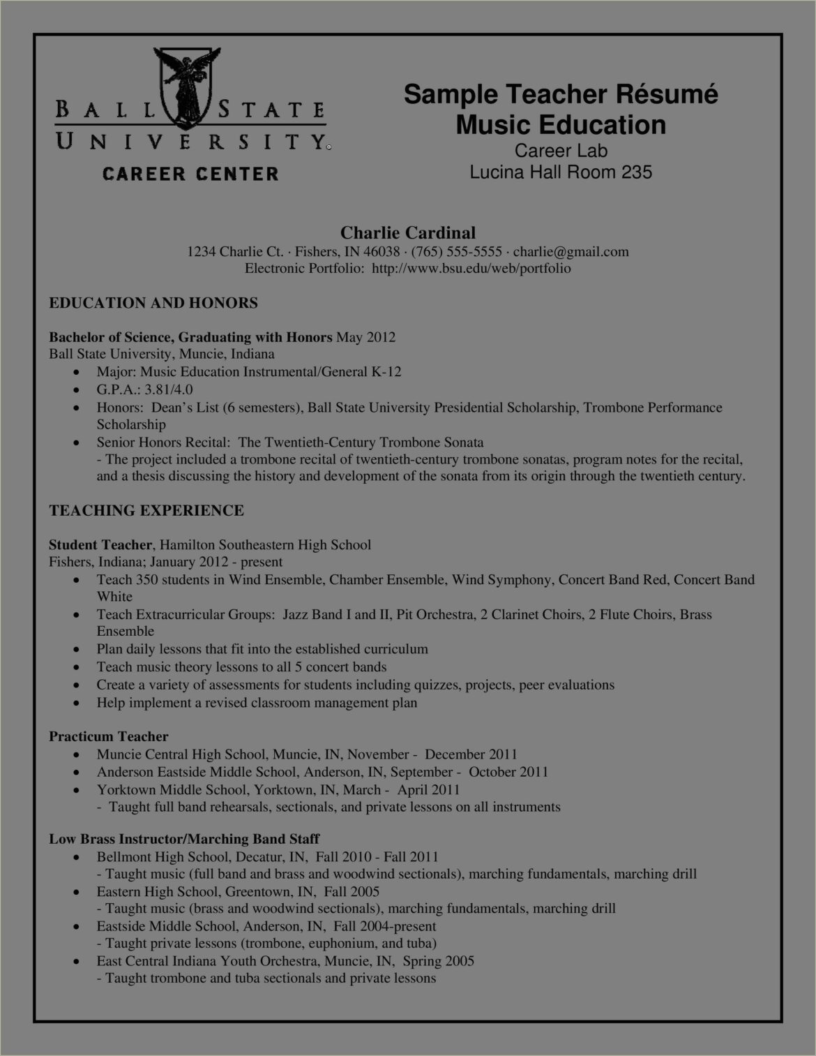 High School Music Teacher Resume Sample