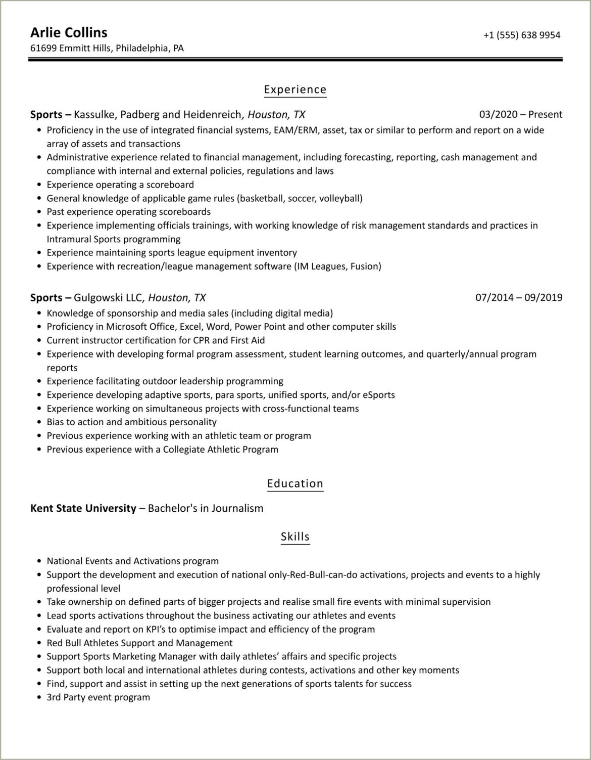 High School Resume Example For Sports