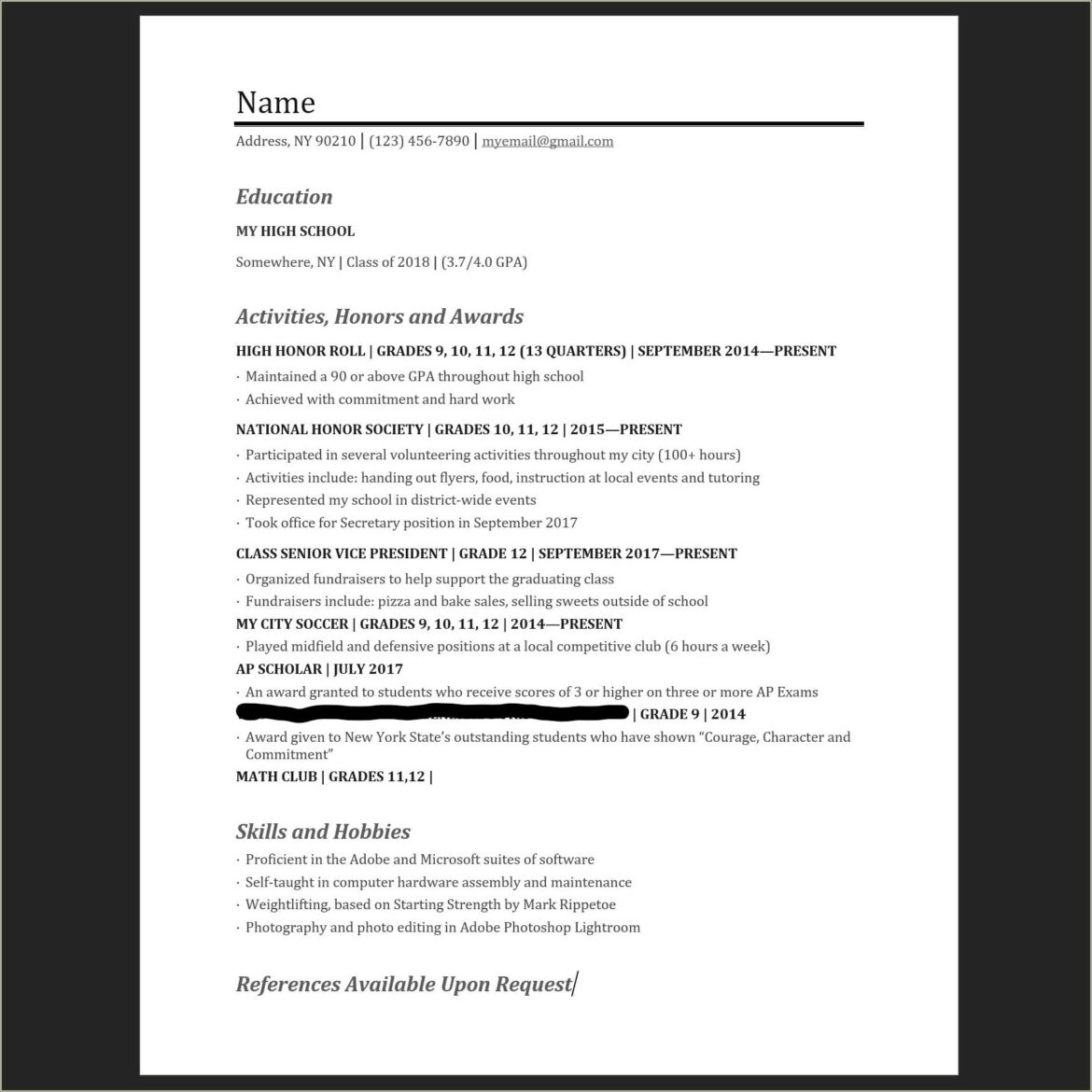 High School Resume For College Applcation