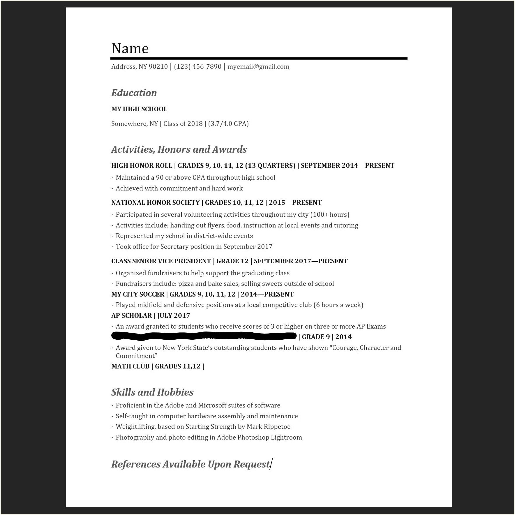 High School Resume For College Applcation