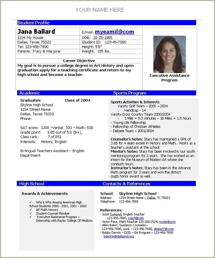 High School Resume For College Sports