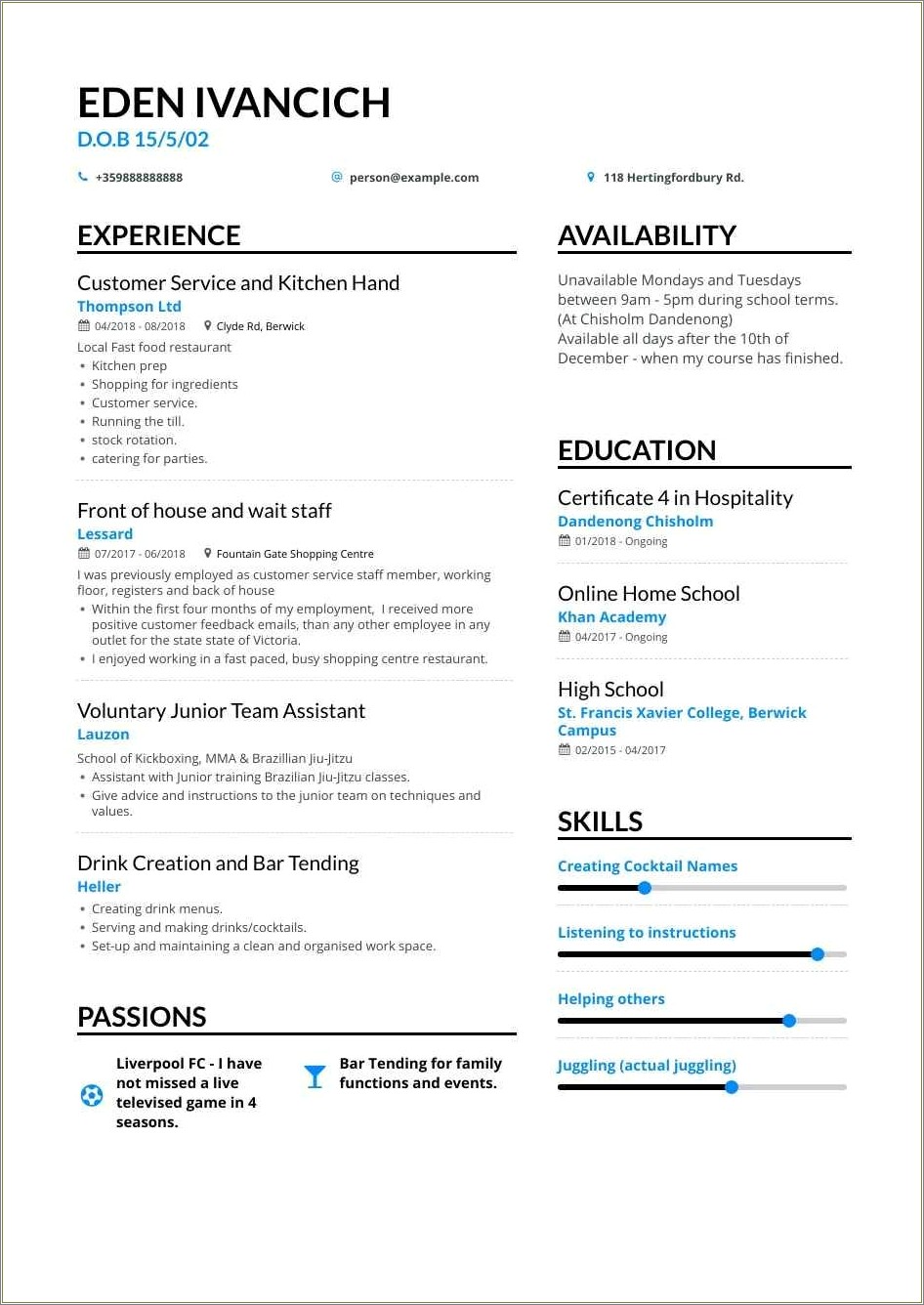 High School Resume For Fast Food