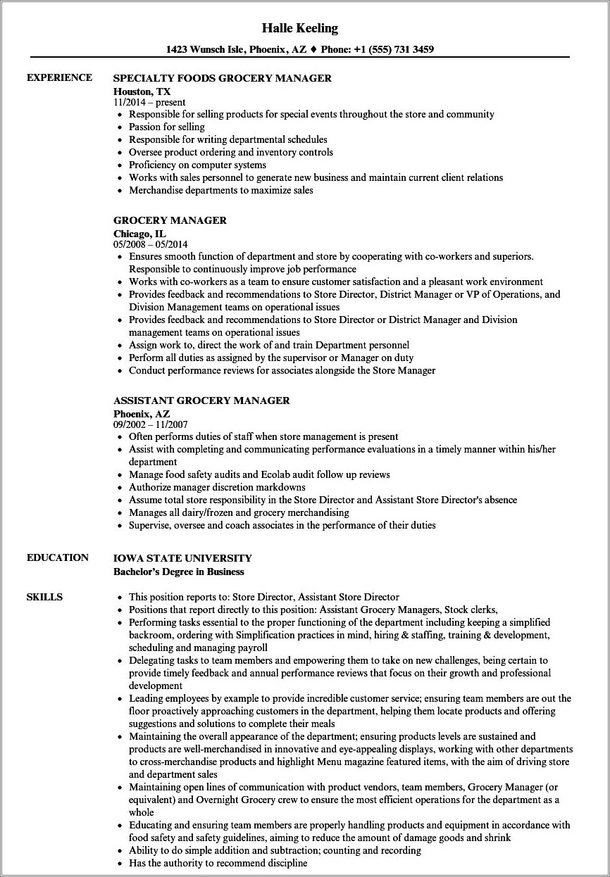 High School Resume For Grocery Store