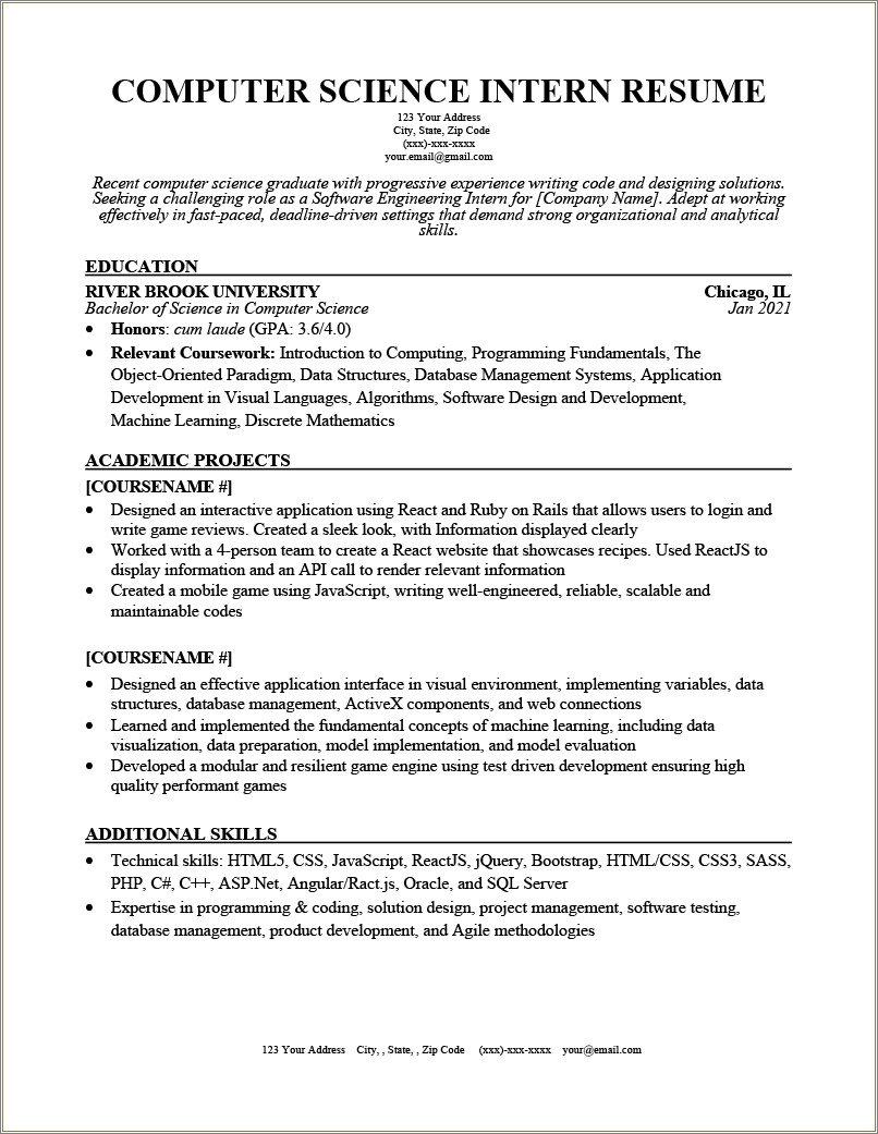 High School Resume For Internship Examples